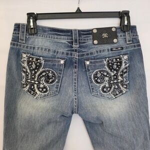 Miss Me Mid Rise Bootcut Jeans Fleur De Lis Embellished Rhinestone Sz 30